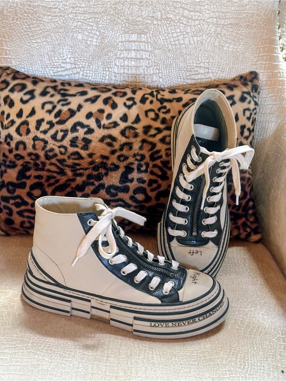 Rebecca White High-Top Platform Sneakers in Cream and Black